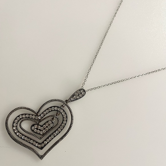 Rhinestone Layered Silver Tone Stacking Hearts Pendant Necklace - Picture 15 of 16